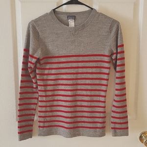 Patagonia 100% Merino Wool Grey and Red Stripped Sweater